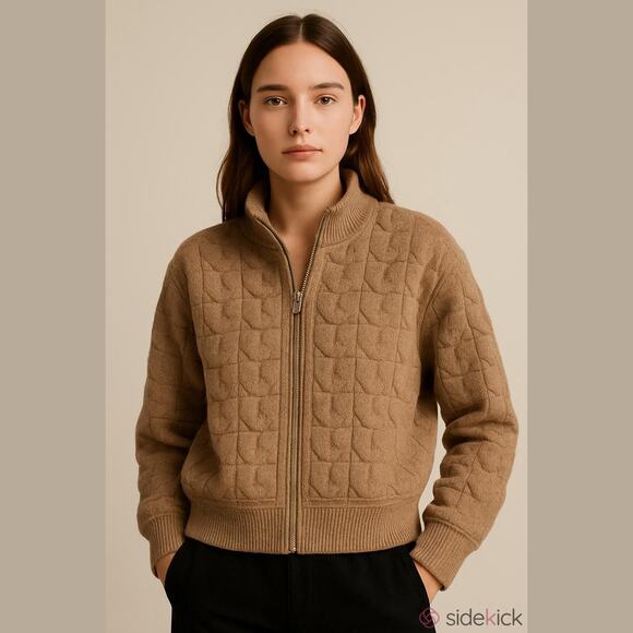 Joie Womens Quilted Beige Knit Puffer Bomber Cable Knit Jacket Full Zip, Medium - Picture 1 of 10